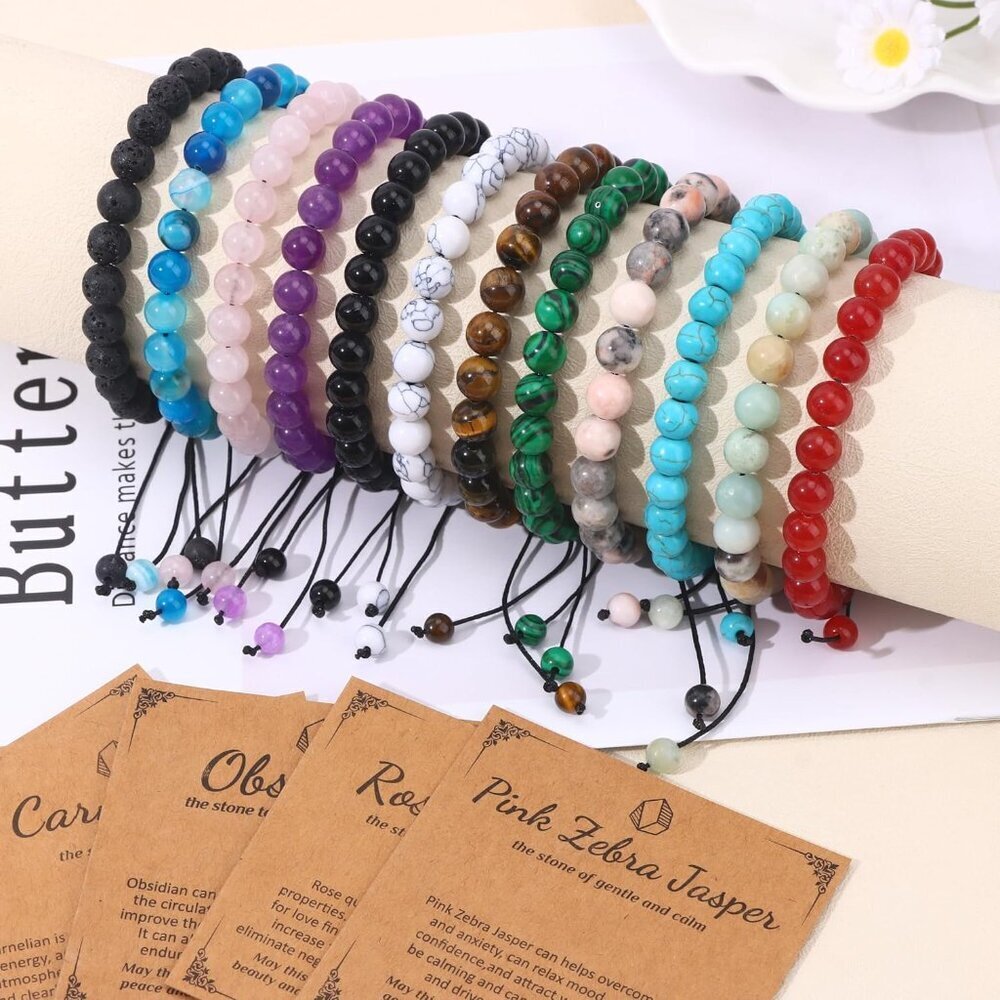 Beaded Crystal Bracelets Set 8mm Natural Stones Adjustable for Women Men Gift